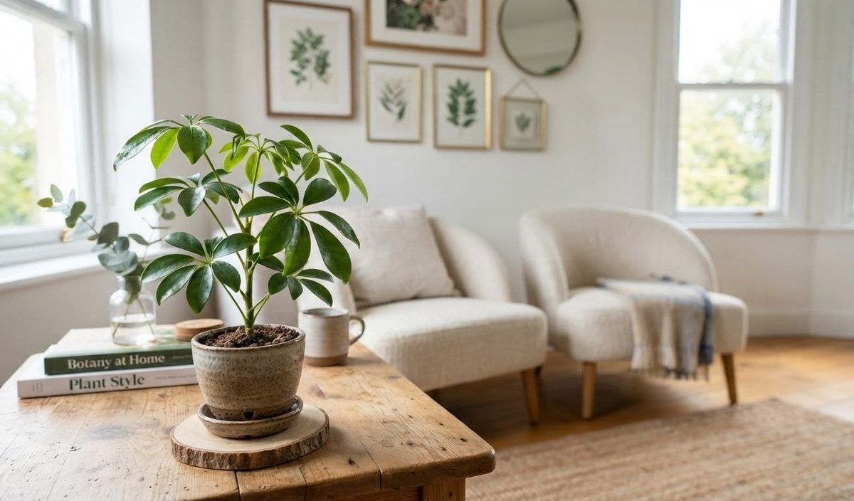 Young schefflera arboricola plant with glossy green leaves on a wooden coffee table