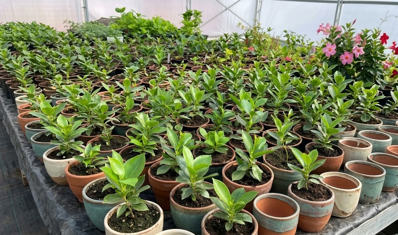 rows of young dipladenia seedlings in small terracotta pots in greenhouse