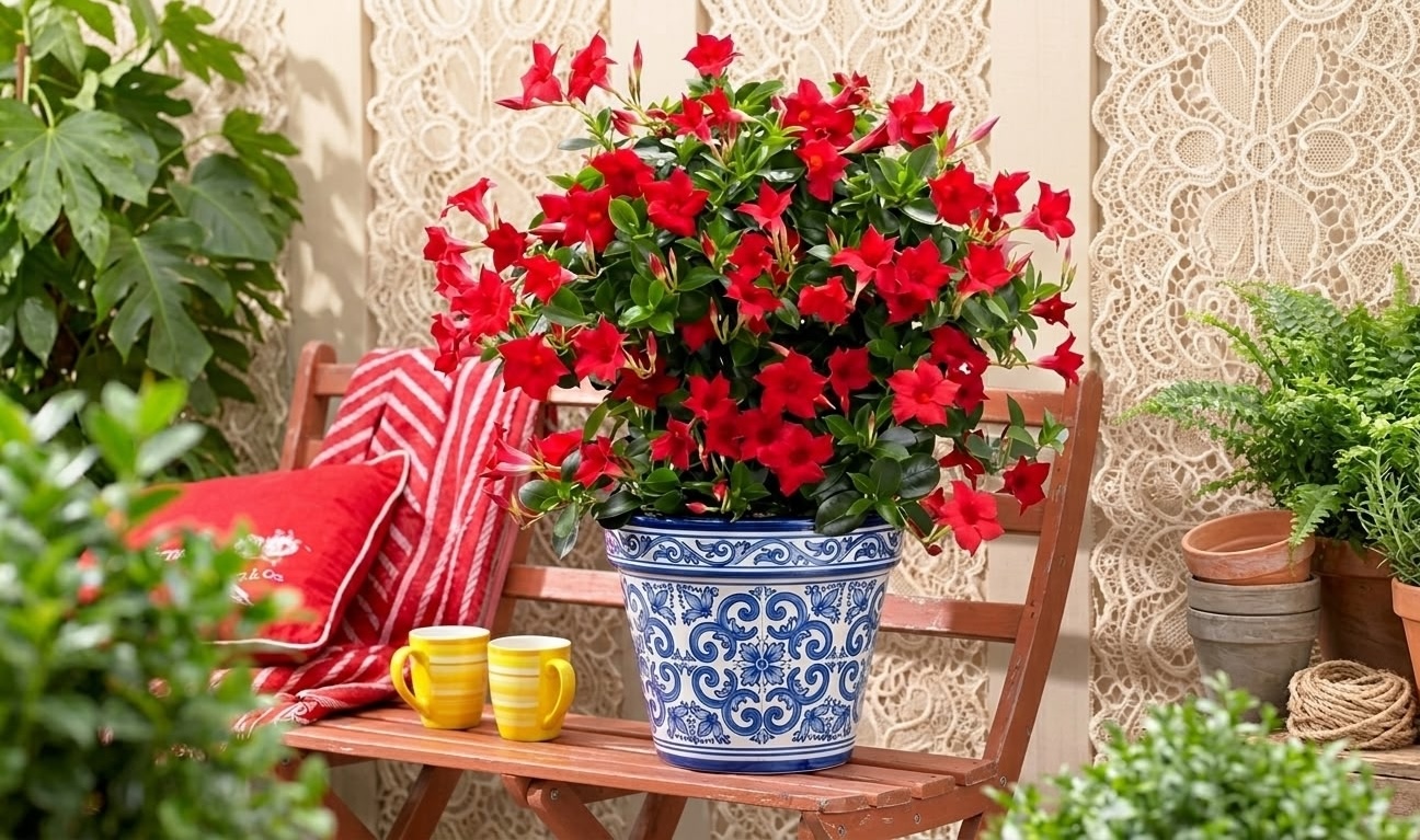 red dipladenia plant in blue decorative pot on wooden chair on patio