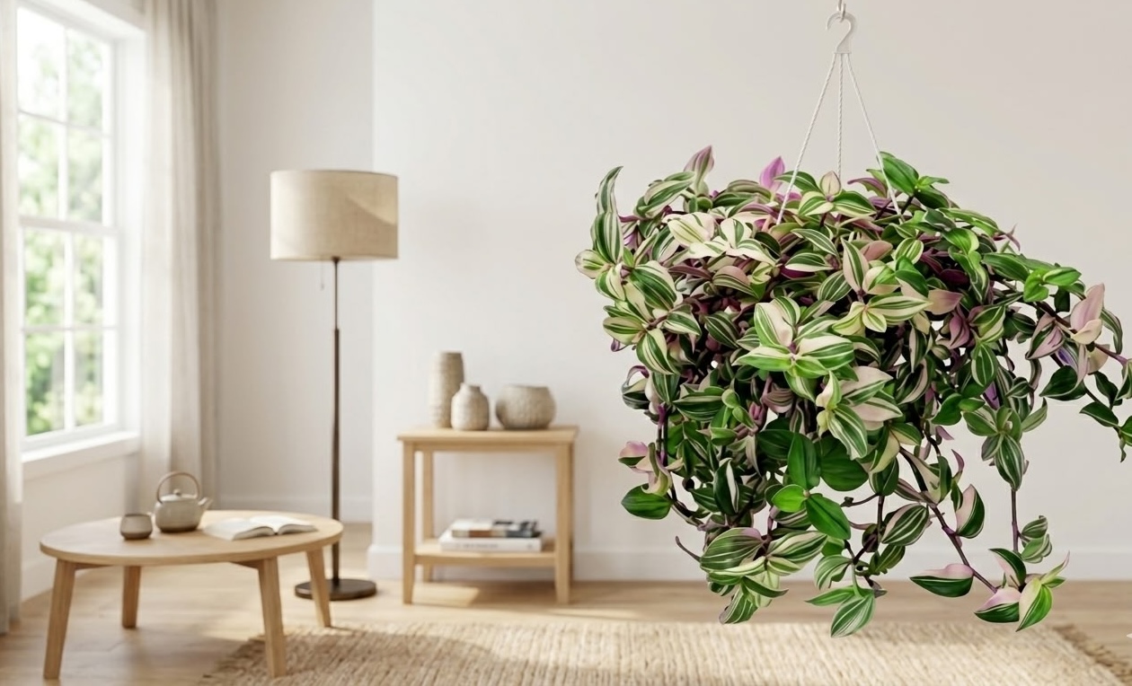 tradescantia zebrina wandering dude hanging basket with trailing stems in Scandinavian living room