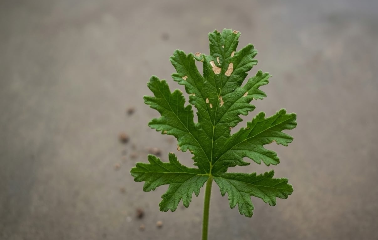 Citronella plant leaf with irregular holes from caterpillar or insect feeding damage