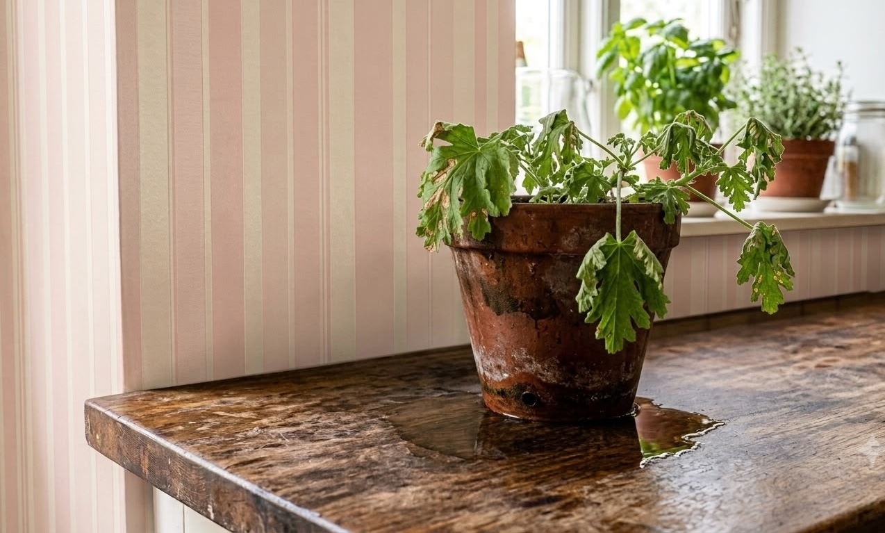 Overwatered citronella plant in a terracotta pot sitting in a water puddle on a wooden table — classic overwatering sign