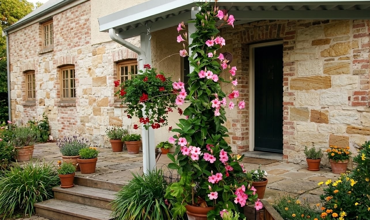 pink mandevilla vine climbing white porch post at stone cottage garden