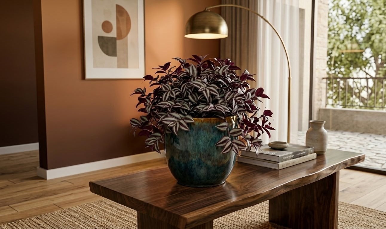 dark burgundy tradescantia zebrina in large ceramic pot on wooden console table in moody living room
