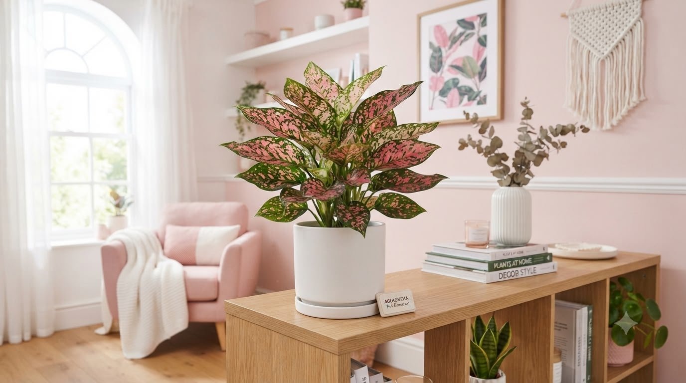 Aglaonema Lady Valentine with pink and green variegated leaves growing in a white ceramic pot
