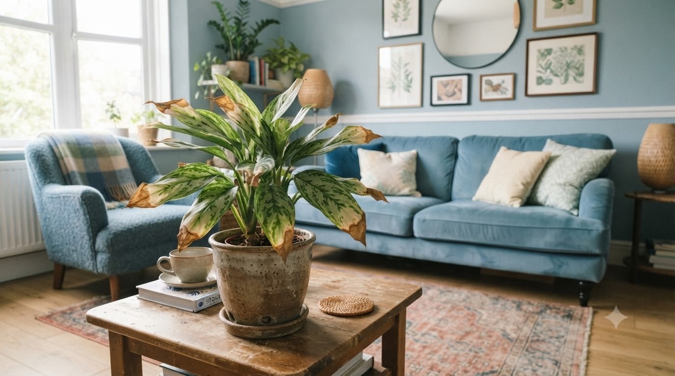 Chinese evergreen houseplant showing brown crispy leaf tips and edges caused by dry air