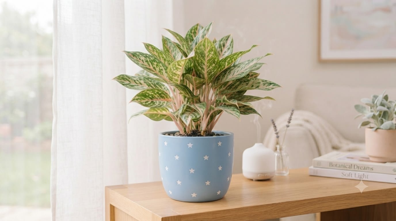 Variegated Aglaonema Maria in a blue pot receiving bright indirect light through a sheer curtain