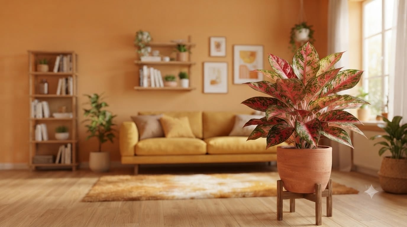 Aglaonema Siam Aurora cultivar with red and green leaves in a terracotta pot on a plant stand
