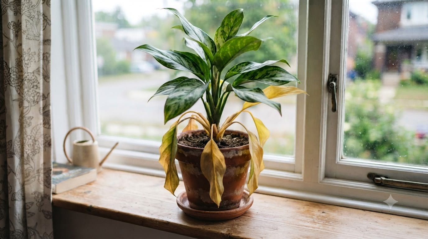 Aglaonema on a windowsill with yellow drooping lower leaves caused by overwatering