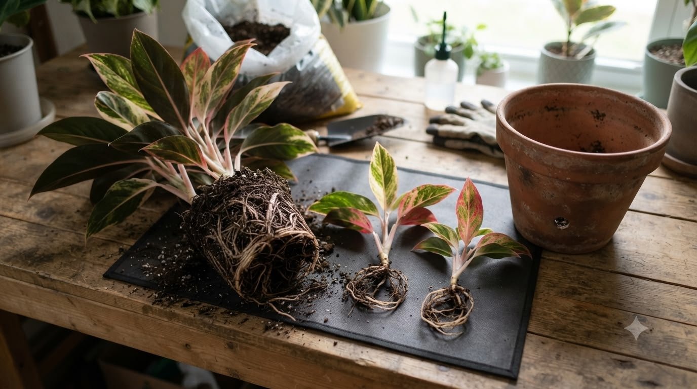 Aglaonema root ball removed from its pot and divided into two rooted offsets on a work table