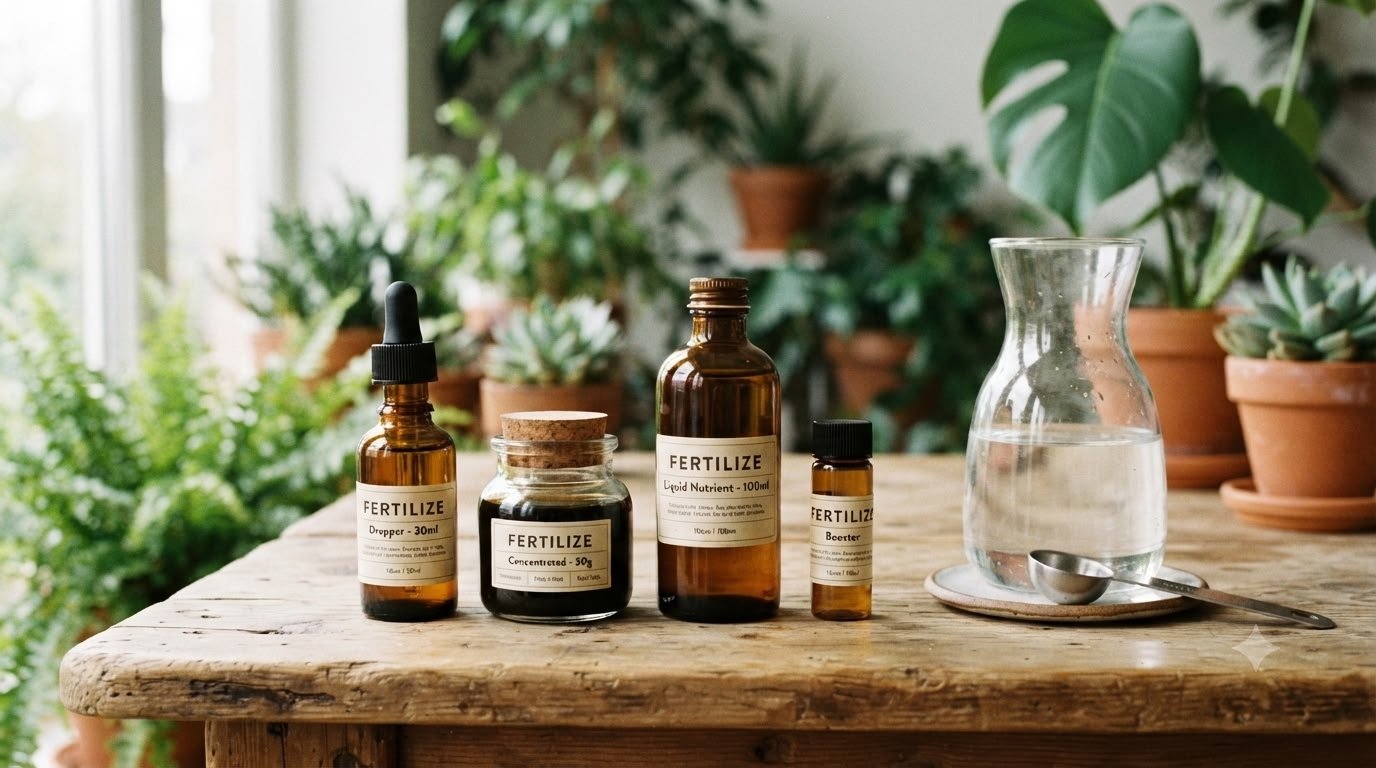 Bottles of liquid houseplant fertilizer and a jug of water on a wooden table