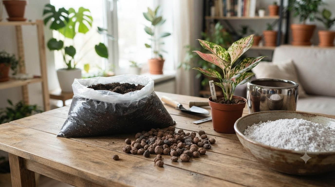 Bag of potting soil, perlite and clay pebbles laid out beside a small Aglaonema and an empty pot