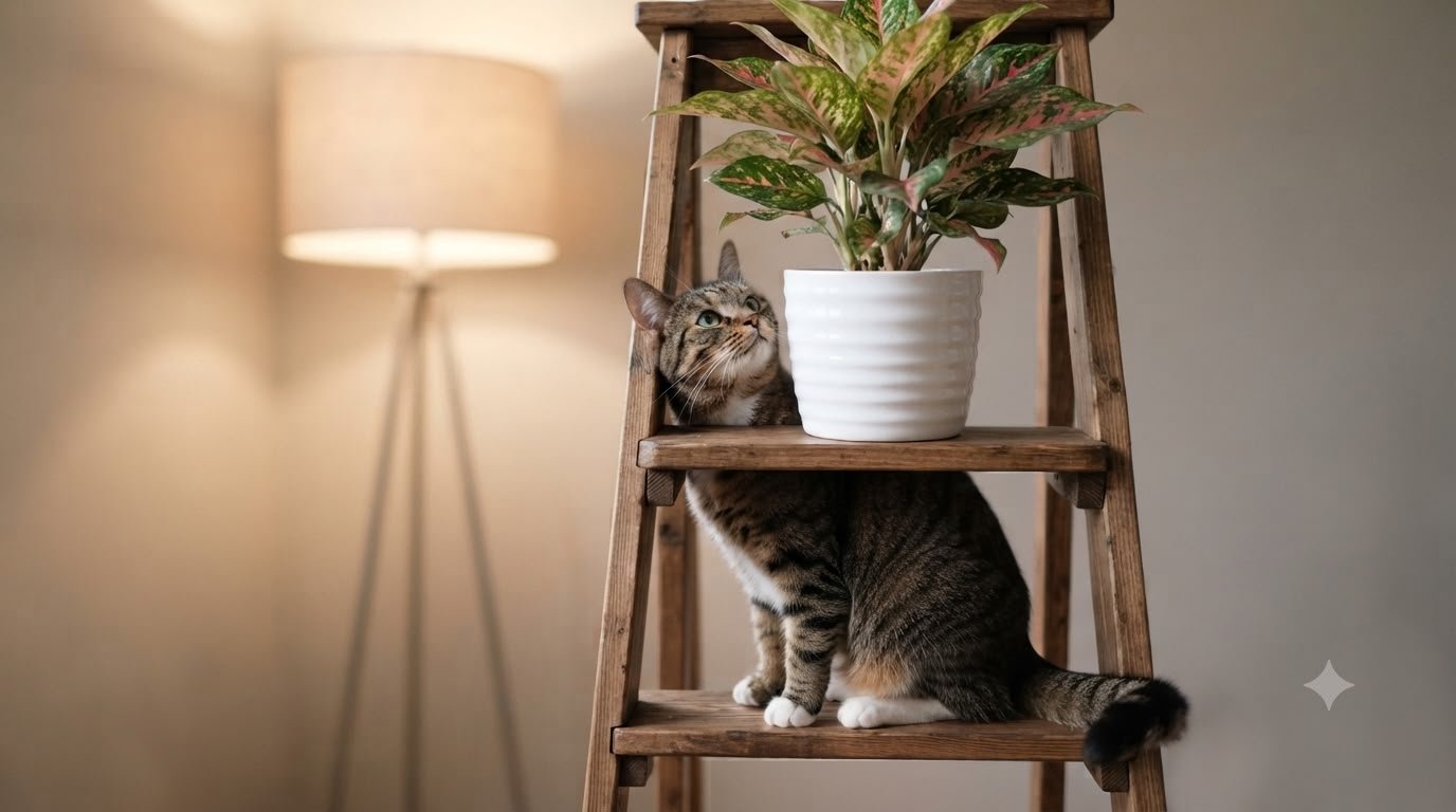 Tabby cat sitting on a wooden ladder shelf next to a pink Aglaonema in a white pot