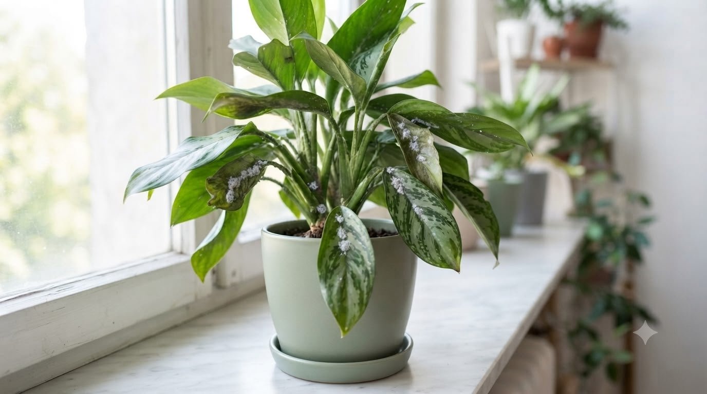 White cottony mealybugs clustered on the leaves and stems of an Aglaonema