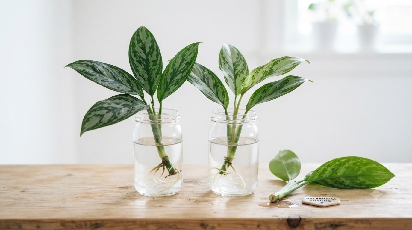 Two Aglaonema stem cuttings with visible white roots growing in glass jars of water