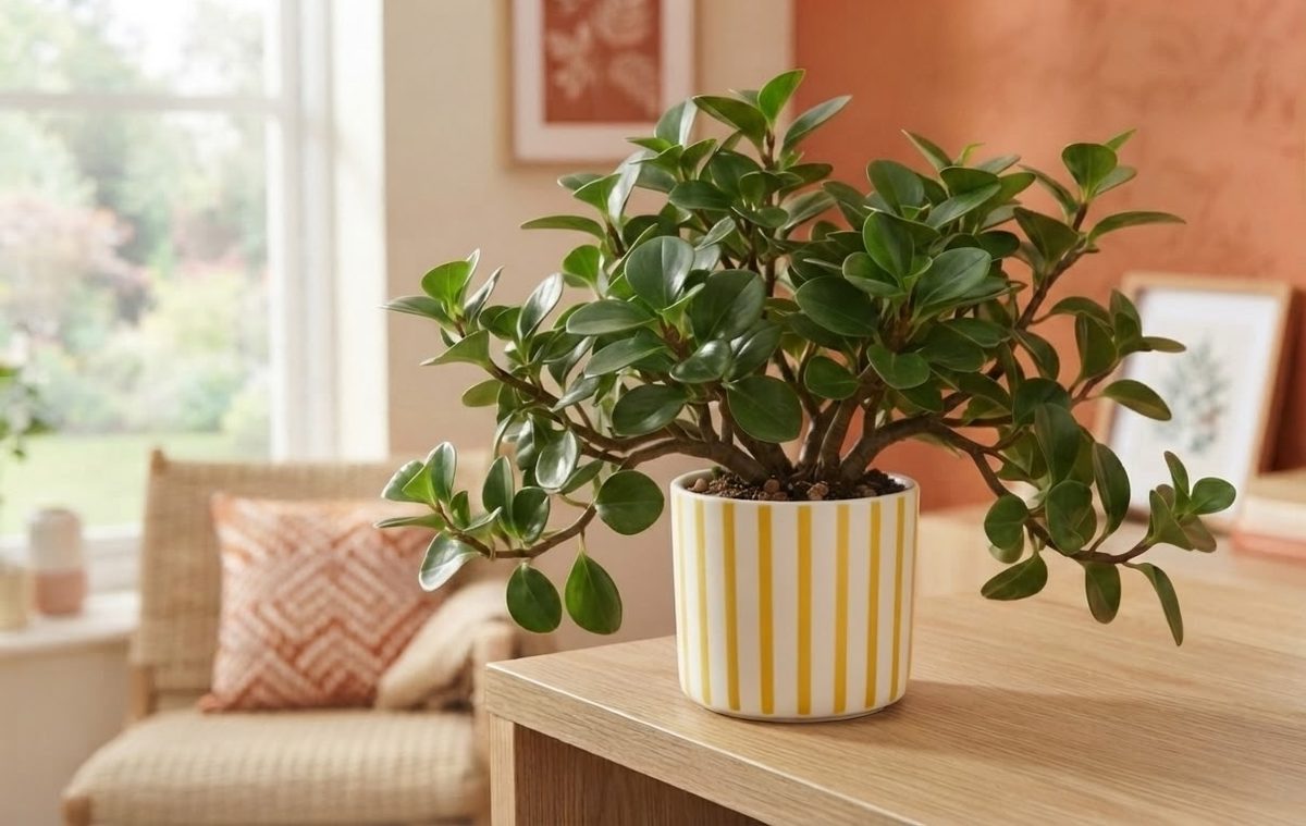 Bonsai-style baby rubber plant with a thick trunk in a yellow and white striped pot