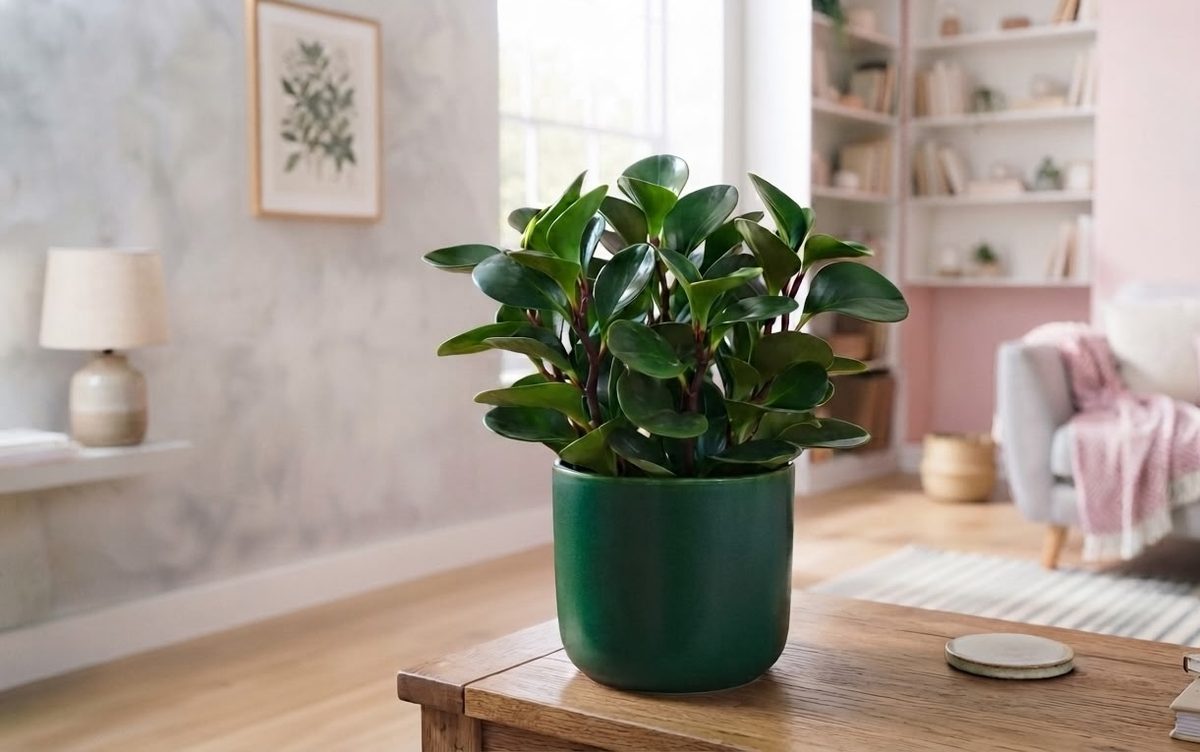 Baby rubber plant with thick glossy green leaves in a dark green pot in a living room