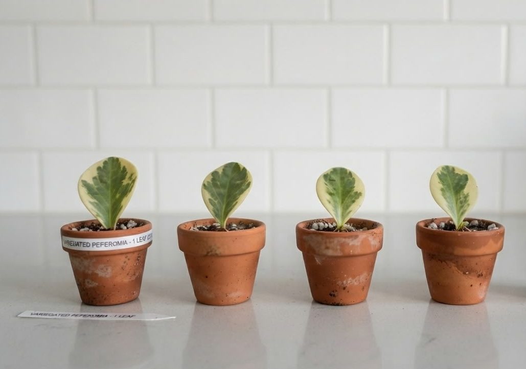 Four terracotta pots labeled variegated peperomia one leaf, each growing a single leaf cutting