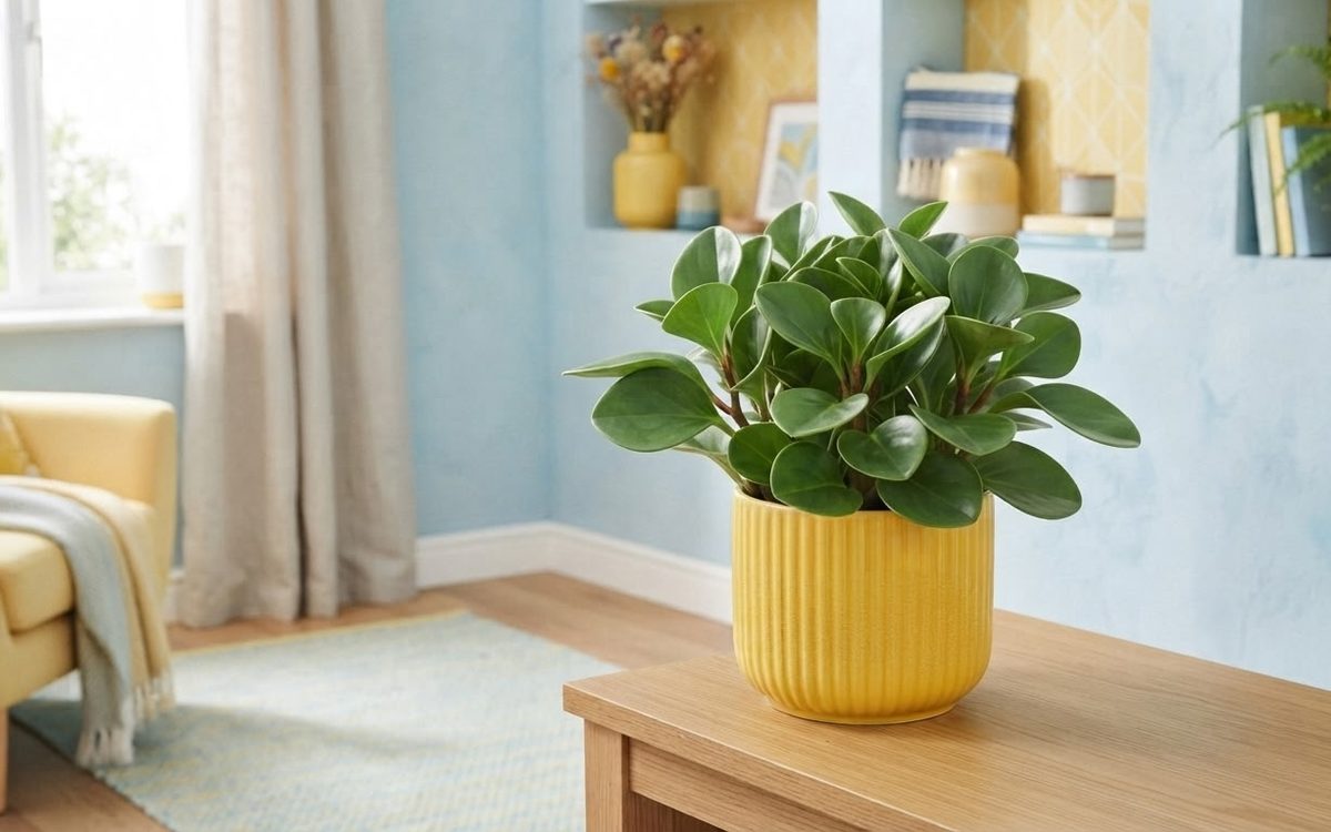 Baby rubber plant in a mustard yellow ribbed pot in a bright blue living room