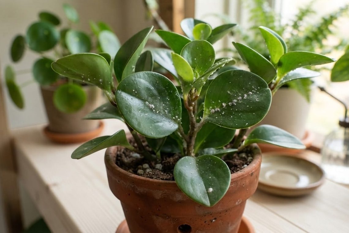 Close-up of baby rubber plant leaves with small white mealybug pests in a terracotta pot