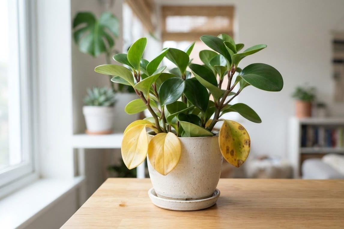 Baby rubber plant with yellow leaves and brown spots dropping from overwatering