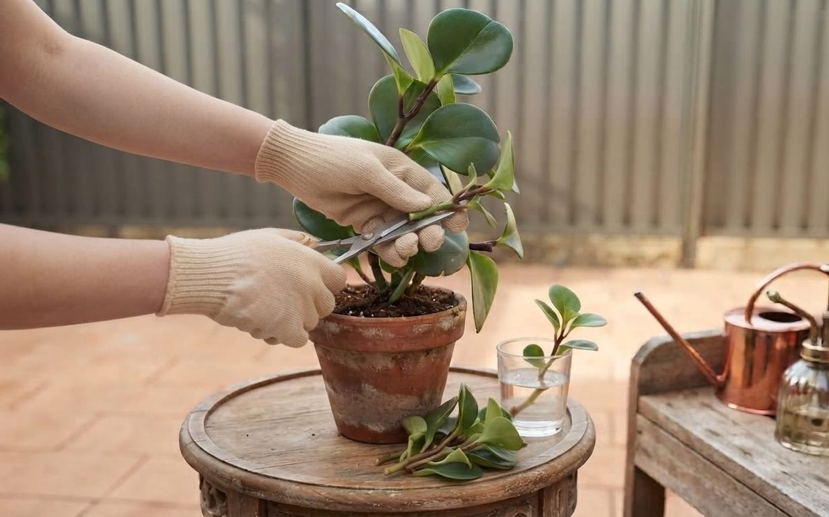 Hands taking a stem cutting from a baby rubber plant with scissors next to a rooting cutting in water