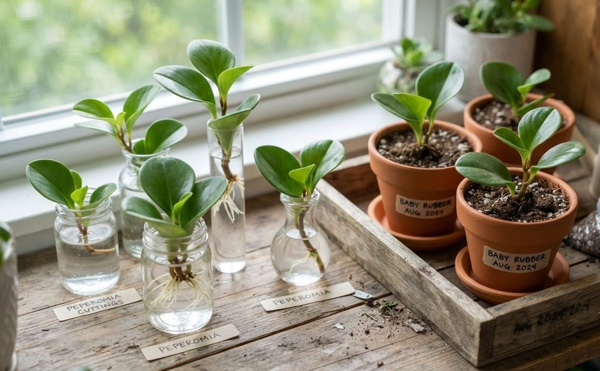 Baby rubber plant stem cuttings rooting in water jars next to labeled potted cuttings