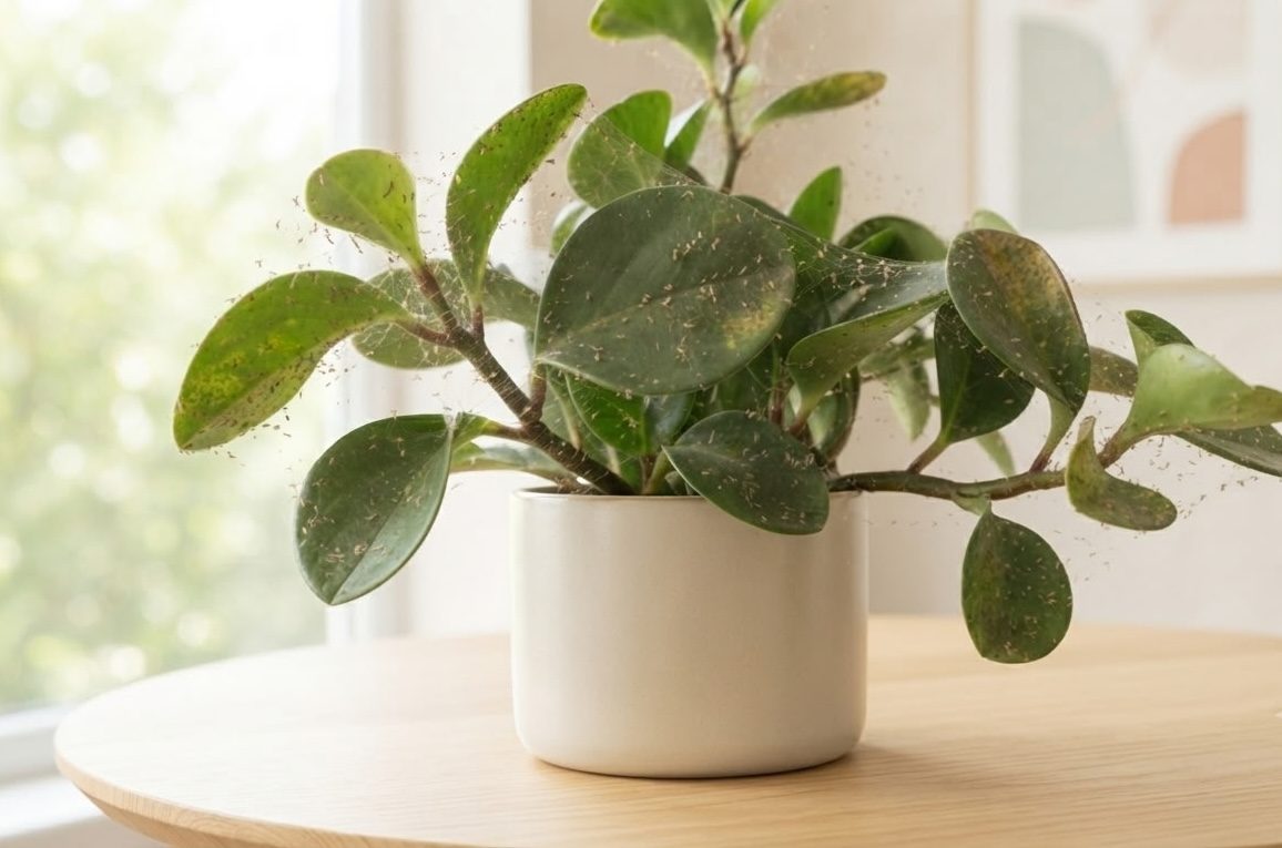 Baby rubber plant leaves covered in fine spider mite webbing and yellow stippling