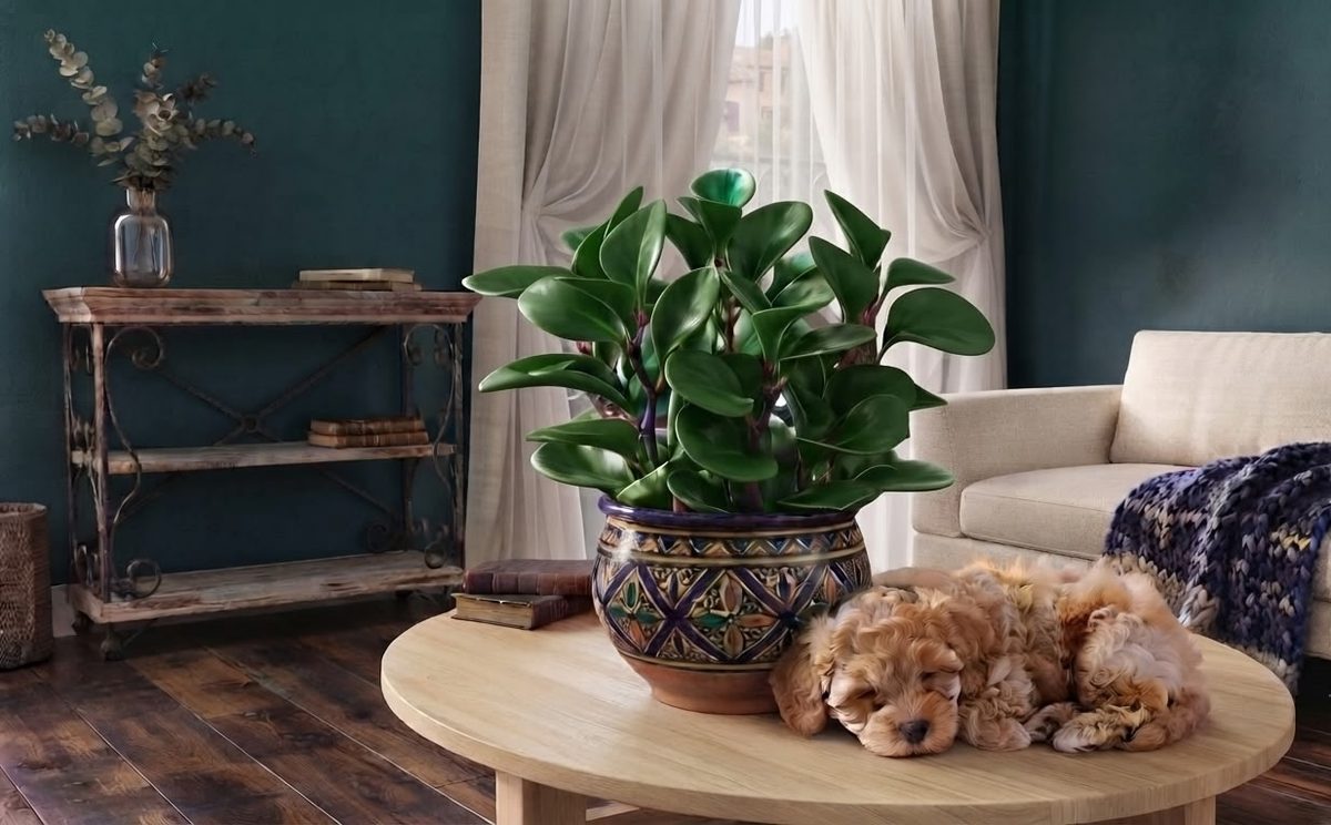 Two puppies sleeping on a table next to a baby rubber plant in a patterned pot