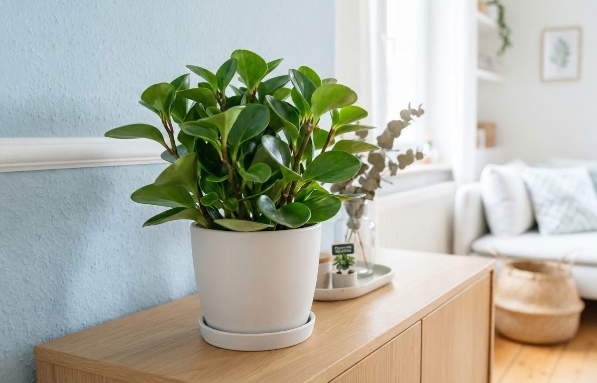 Baby rubber plant in a light blue pot on a wooden cabinet against a blue wall