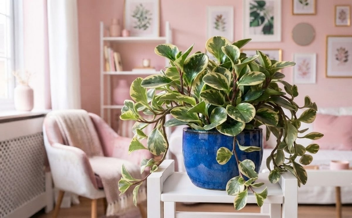Trailing variegated baby rubber plant with cream and green leaves in a blue ceramic pot