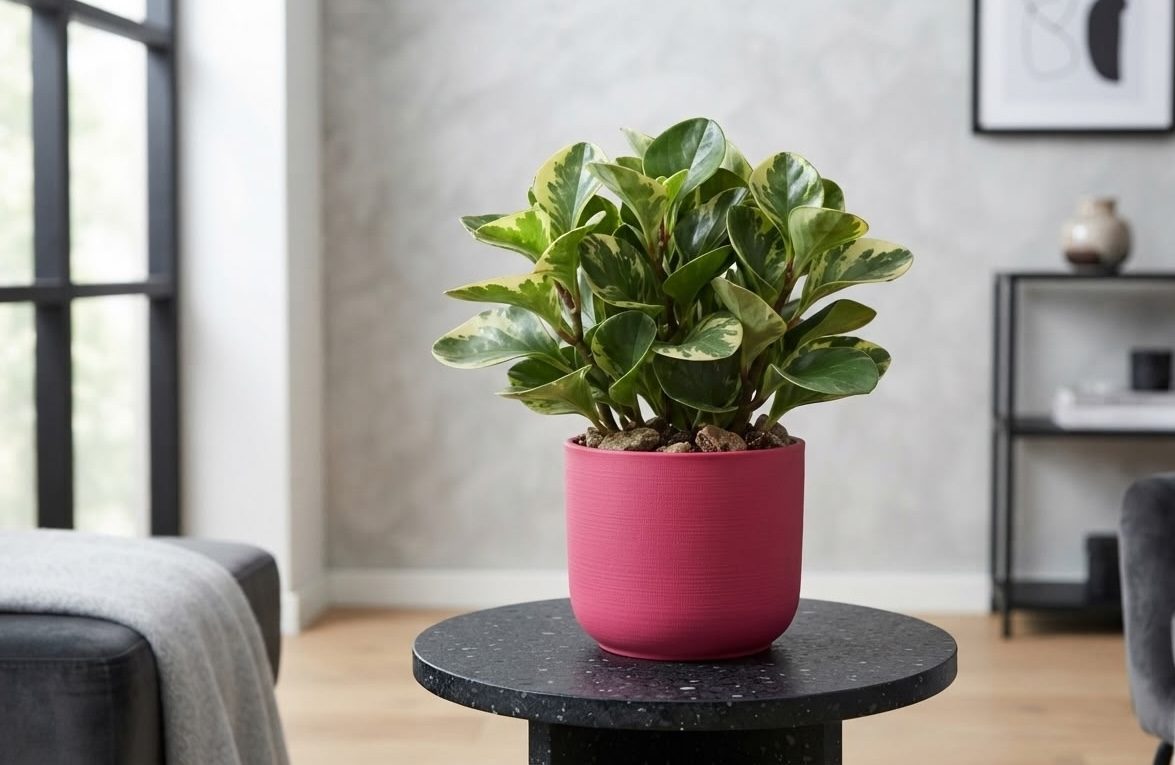 Variegated baby rubber plant with cream and green leaves in a pink pot