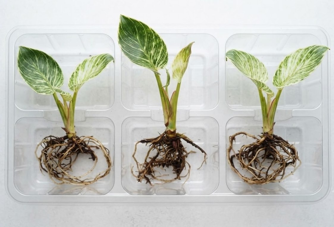 Three Philodendron Birkin divisions with exposed roots in plastic propagation trays