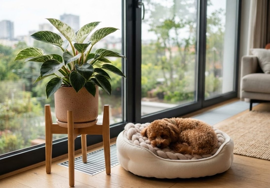 Small dog sleeping in a bed next to a Philodendron Birkin on a plant stand by a window
