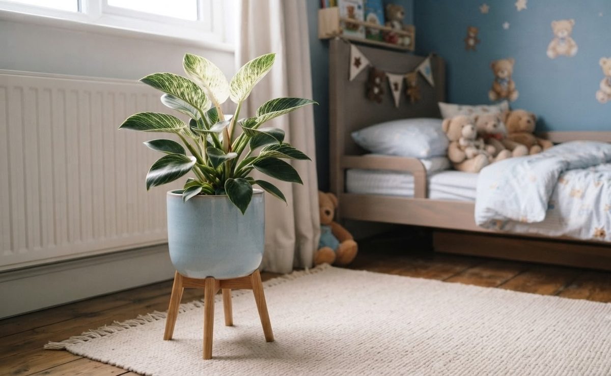 Philodendron Birkin with striped white and green leaves in a blue pot in a child's nursery