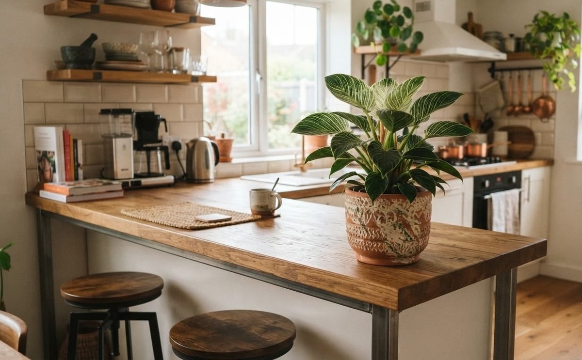 Philodendron Birkin in a terracotta pot on a kitchen counter