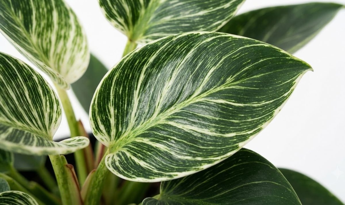Close-up of a Philodendron Birkin leaf showing the white pinstripe variegation pattern