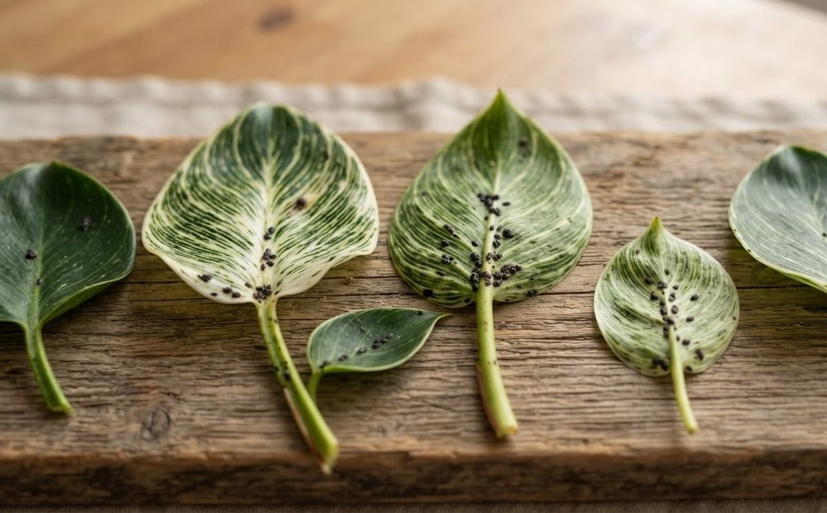 Five Philodendron Birkin leaves laid out showing small black mealybug pests