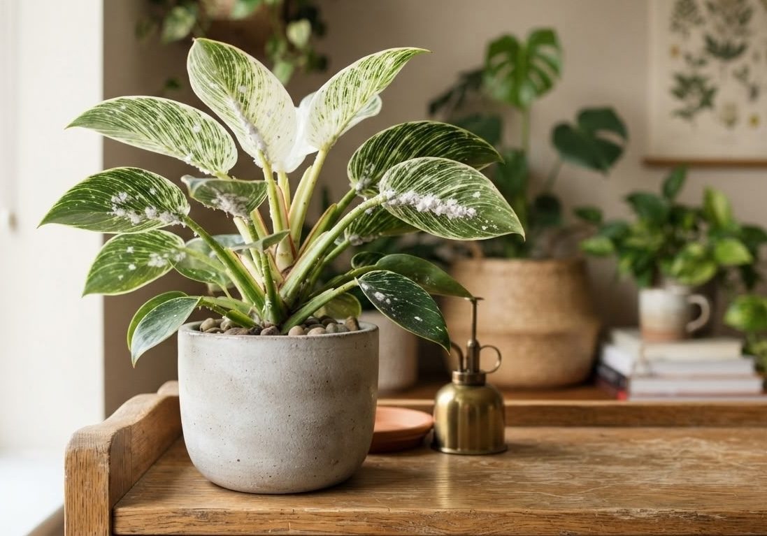 Philodendron Birkin in a concrete pot with mealybug infestation and white cottony residue on leaves