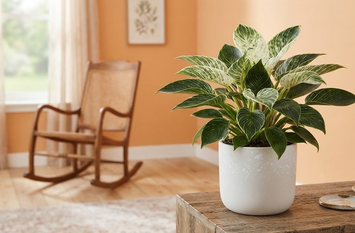 Philodendron Birkin in a white speckled pot on a table in an orange living room