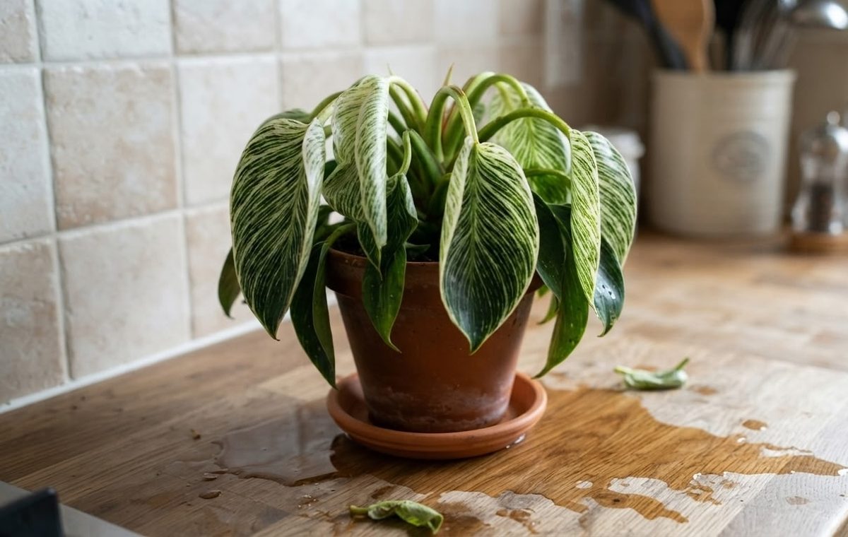 Wilted Philodendron Birkin with drooping yellow leaves on a wet kitchen counter
