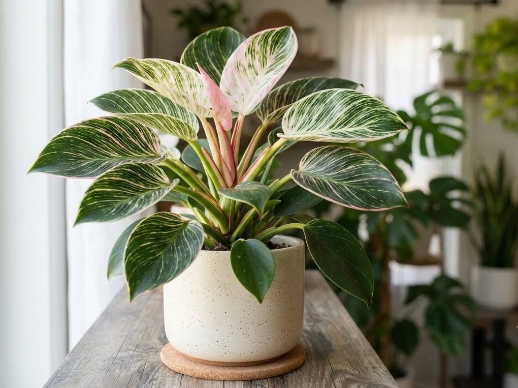 Philodendron Birkin with pink new growth emerging among striped mature leaves