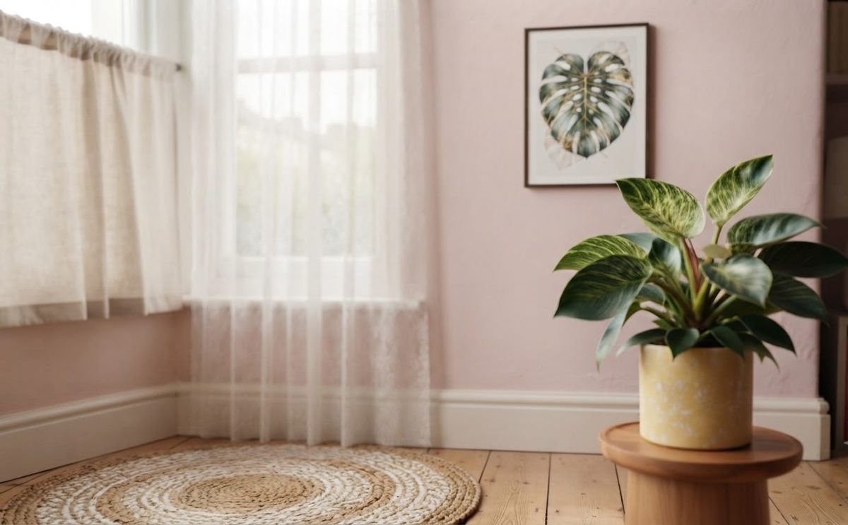 Philodendron Birkin in a yellow speckled pot against a pink wall