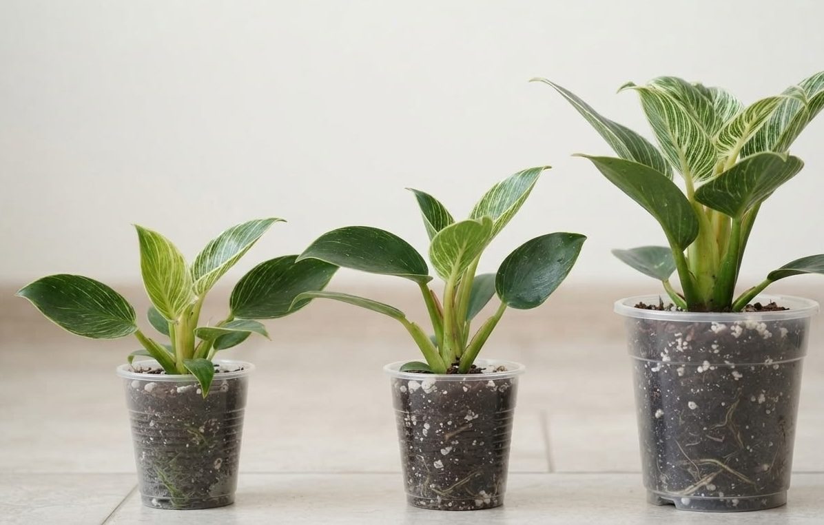 Three Philodendron Birkin propagations of different sizes growing in clear plastic cups