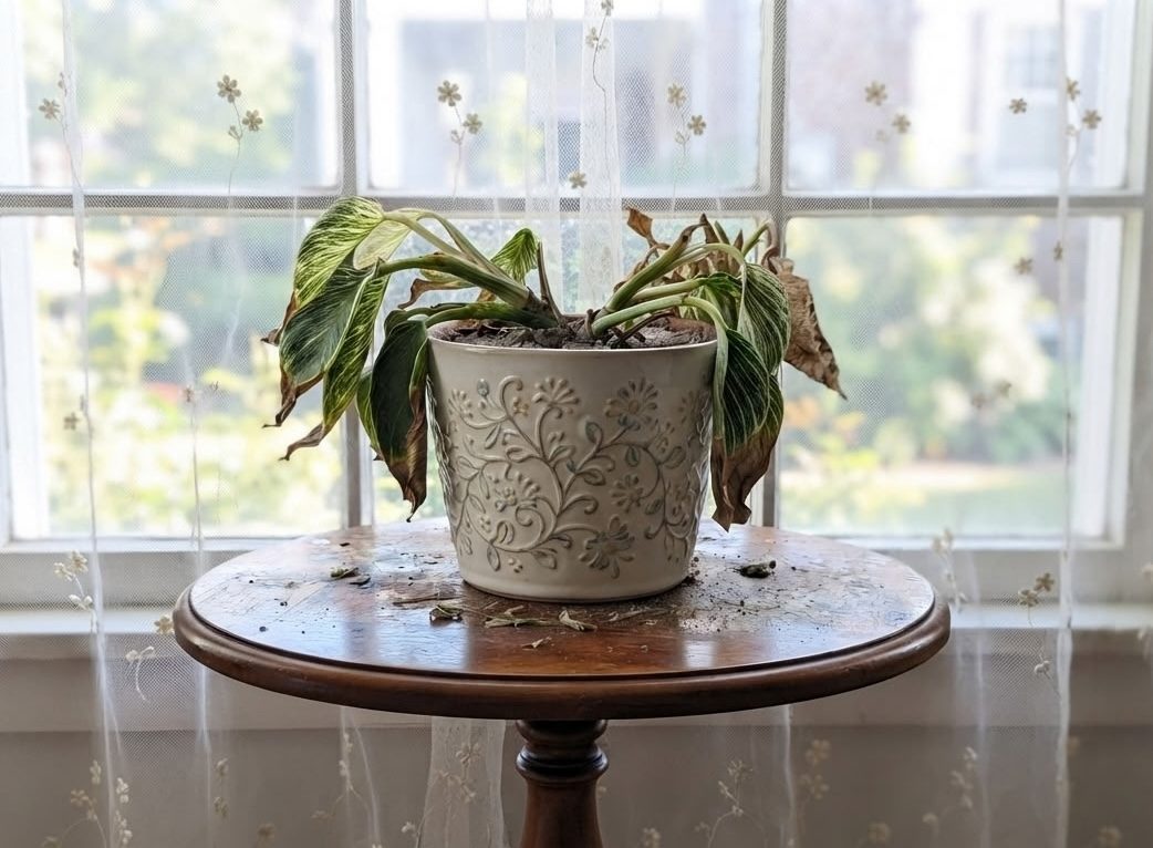 Philodendron Birkin with collapsed, browning leaves and bare stems from root rot