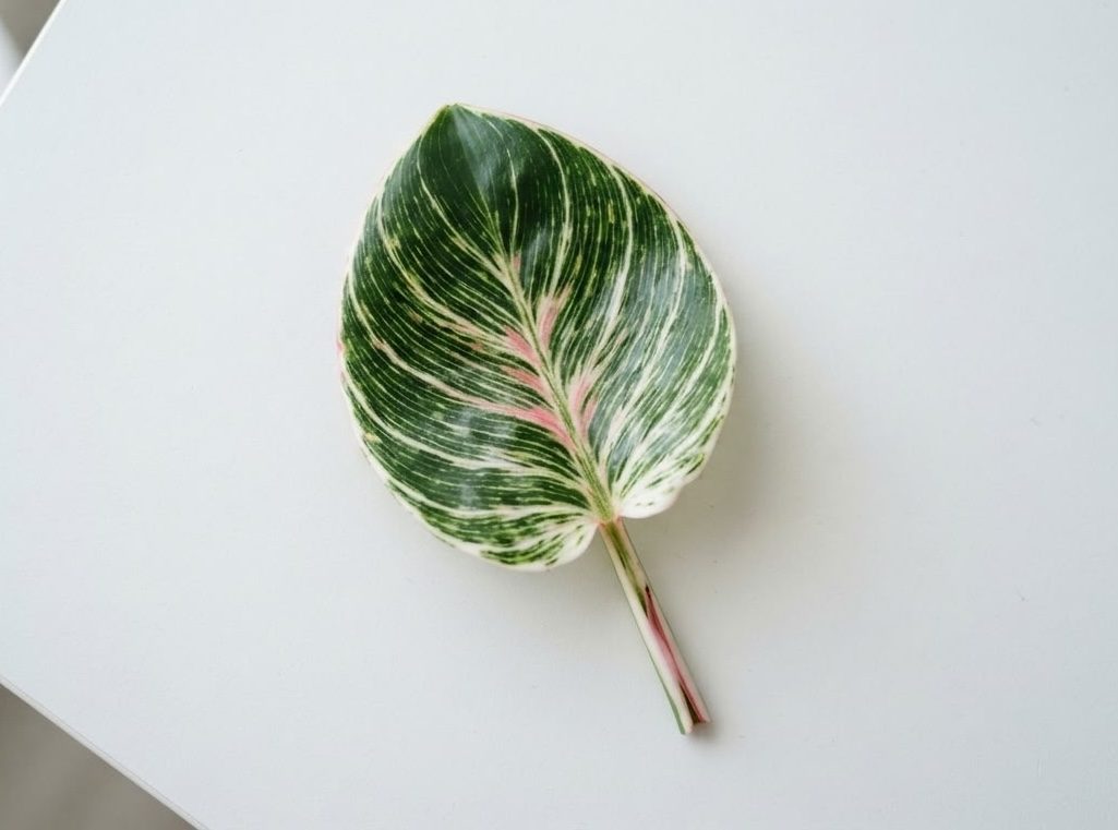 Single Philodendron Birkin leaf with a pink-tinged midrib on a white surface