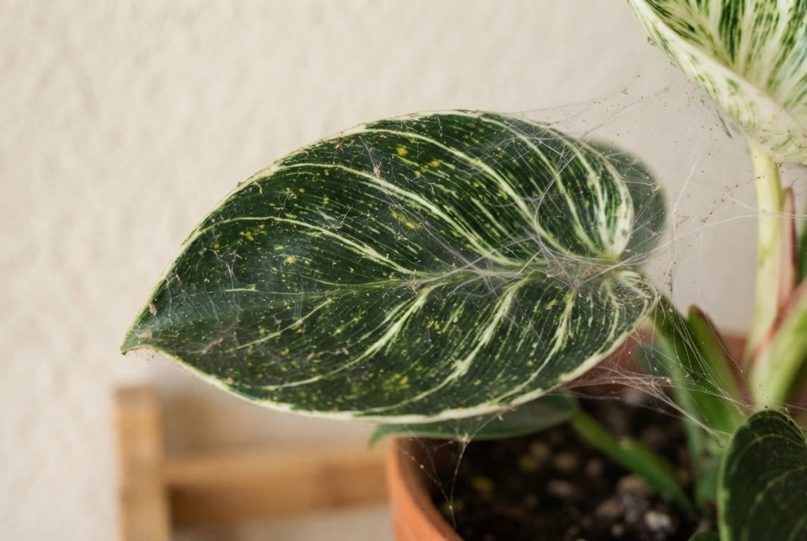 Close-up of Philodendron Birkin leaf covered in spider mite webbing and yellow speckling