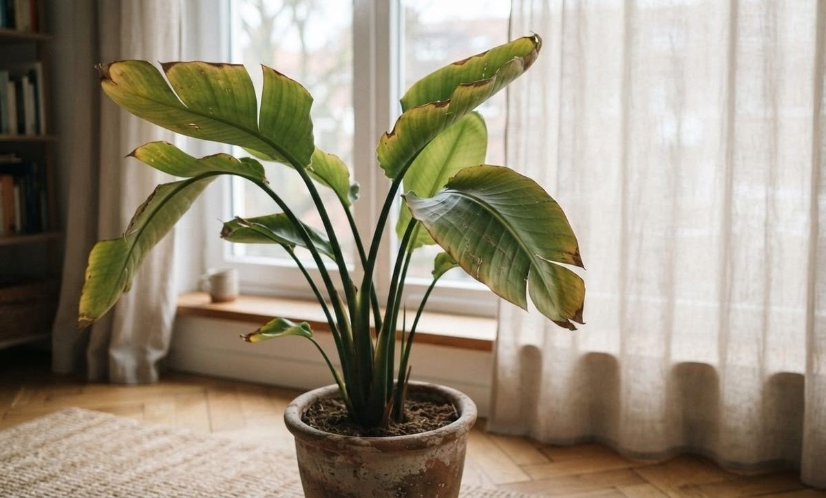 Bird of Paradise plant with yellow and brown leaf edges by a window