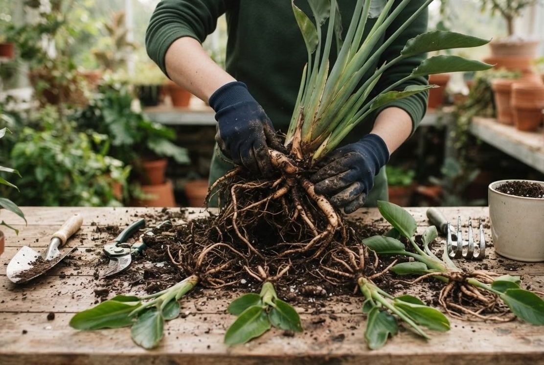Bird of Paradise plant being divided at the roots into separate sections with garden tools