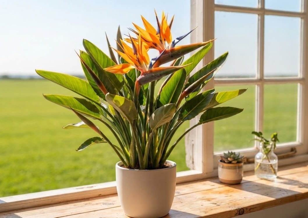 Blooming Bird of Paradise on a bright windowsill with orange and blue flowers